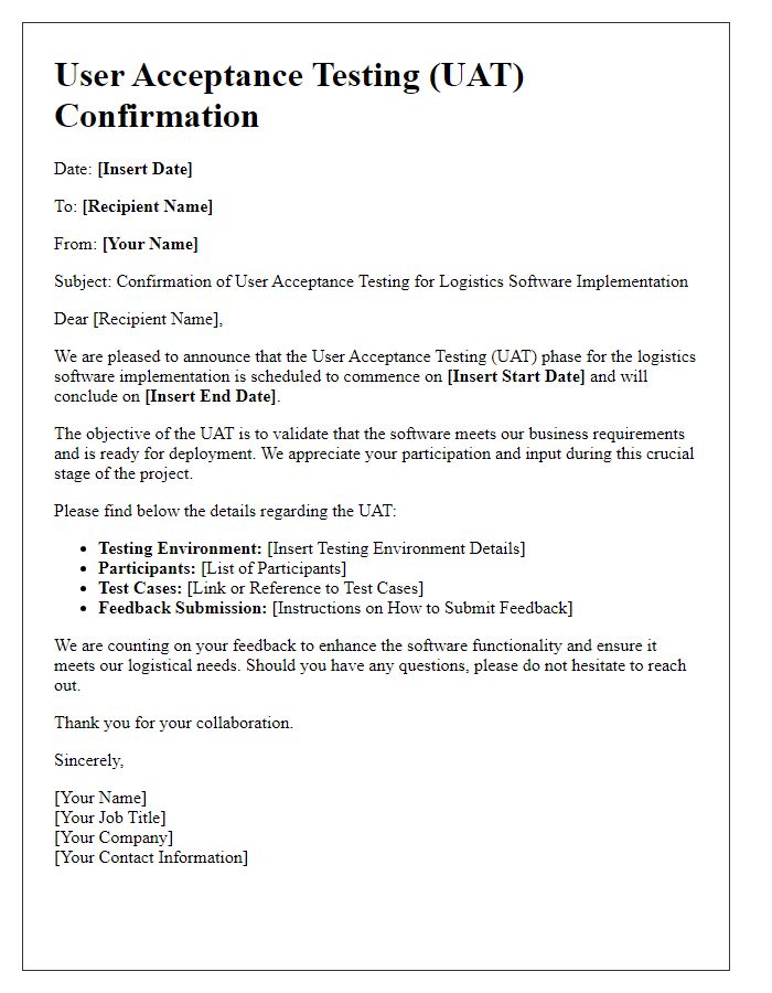 Letter template of logistics software implementation user acceptance testing