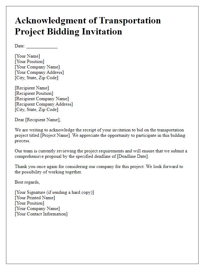 Letter template of acknowledgment for transportation project bidding invitation