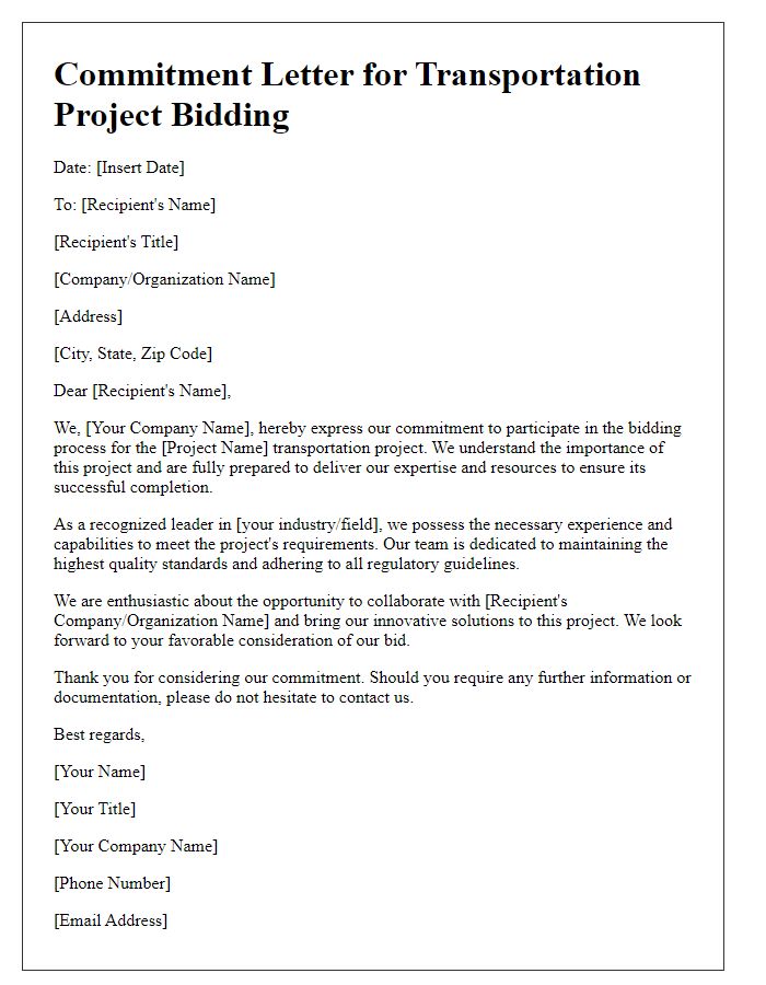 Letter template of commitment for transportation project bidding process