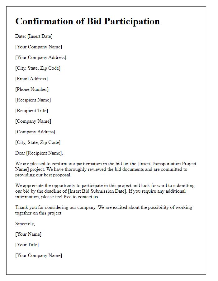 Letter template of confirmation for transportation project bid participation