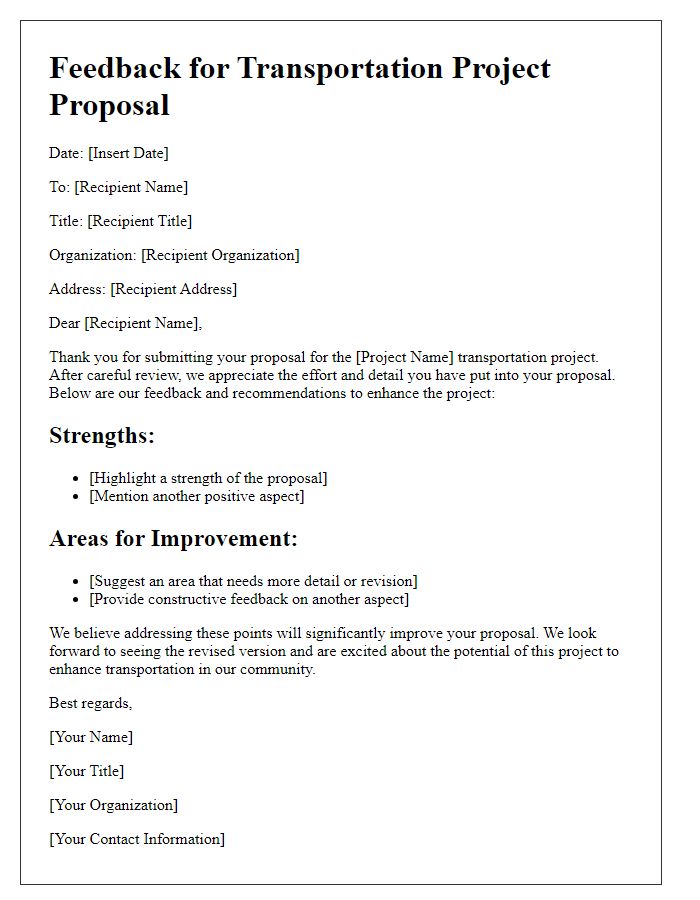 Letter template of feedback for transportation project proposal review