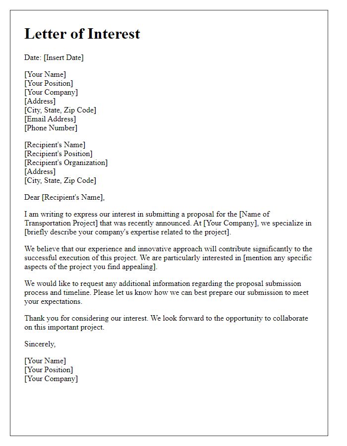 Letter template of interest for transportation project proposal submission