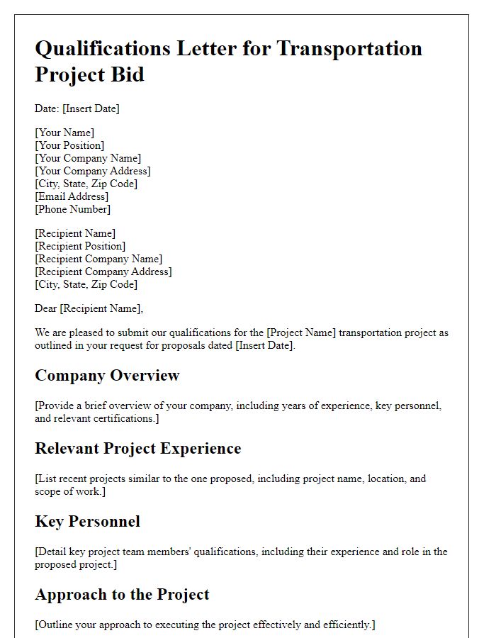 Letter template of qualifications for transportation project bid response