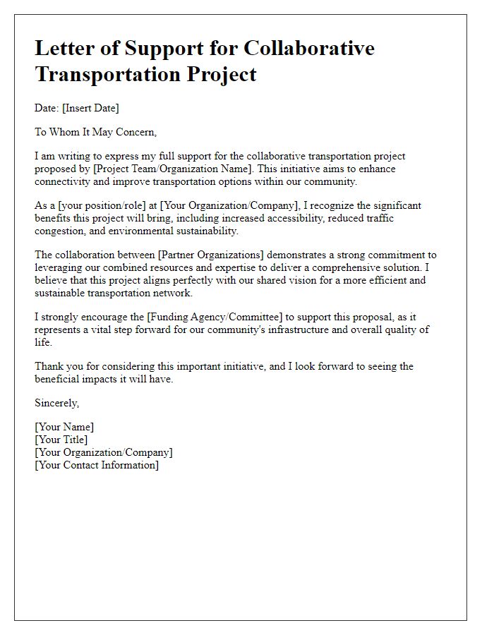 Letter template of support for collaborative transportation project bidding