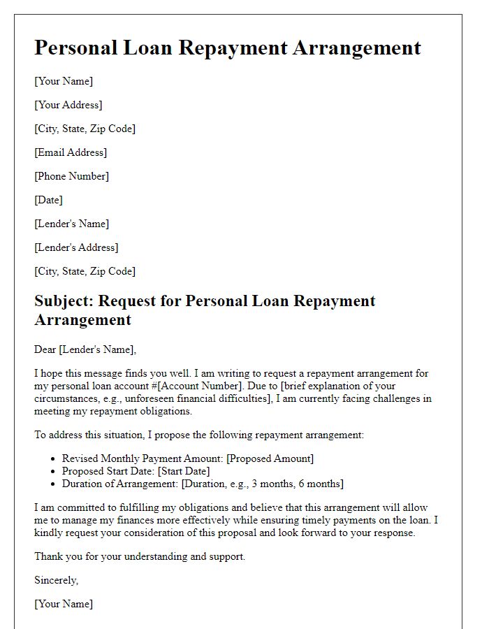 Letter template of personal loan repayment arrangement