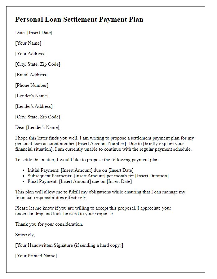 Letter template of personal loan settlement payment plan