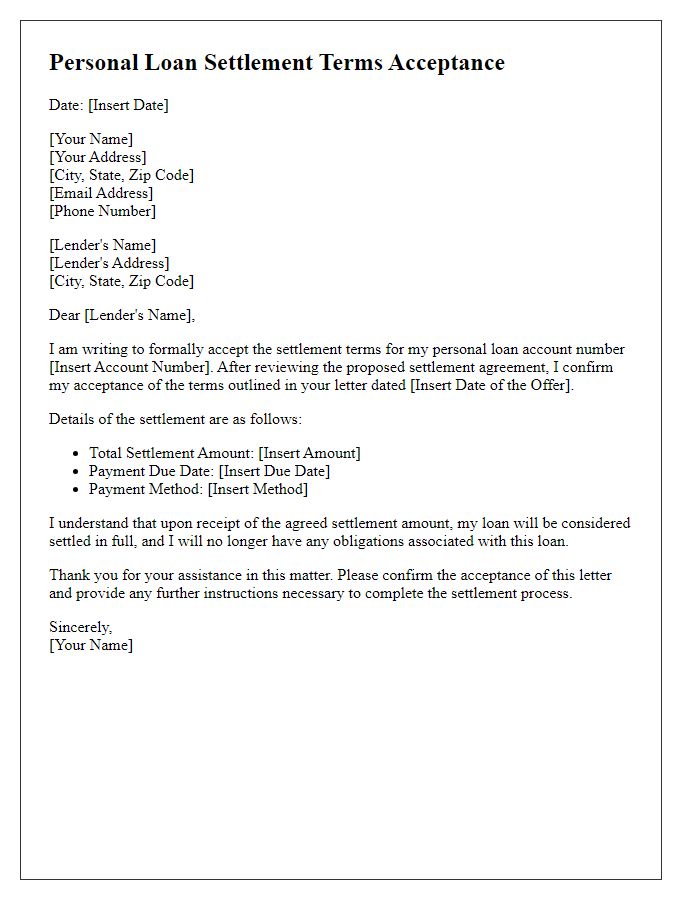 Letter template of personal loan settlement terms acceptance