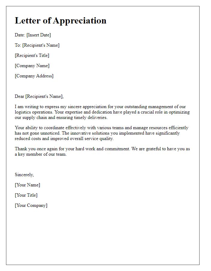 Letter template of appreciation for outstanding logistics management.