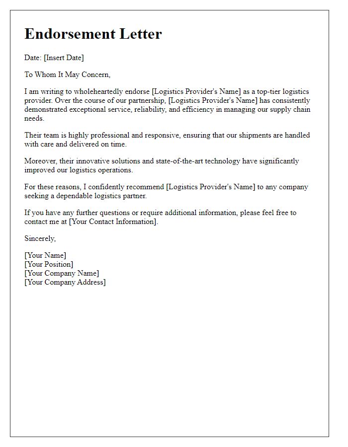 Letter template of endorsement for top-tier logistics providers.