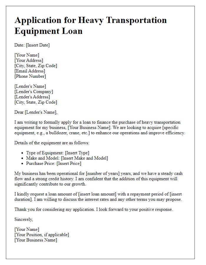 Letter template of application for heavy transportation equipment loan