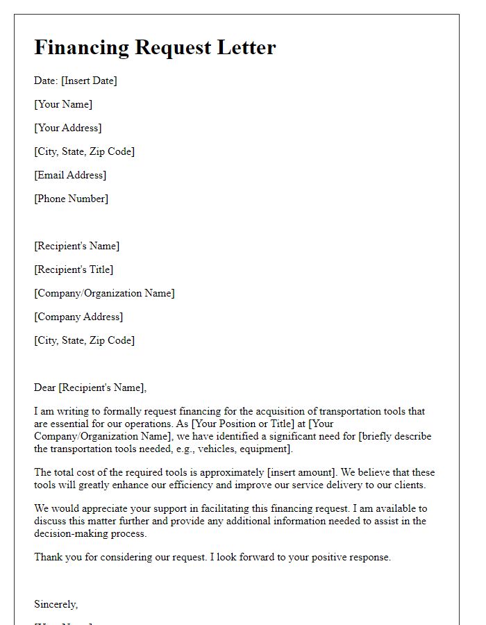 Letter template of financing request for transportation tools