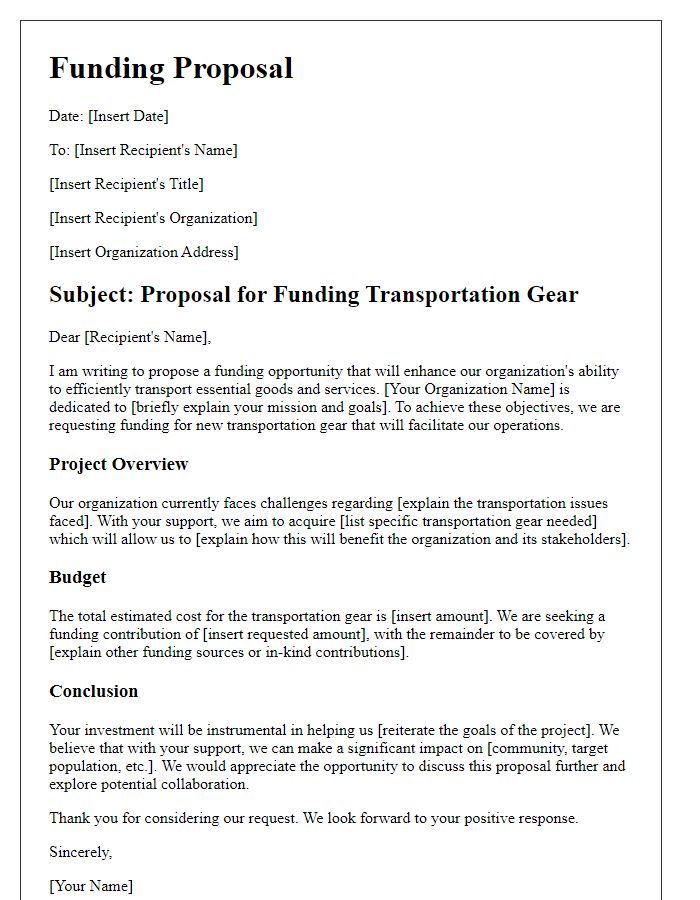 Letter template of funding proposal for transportation gear