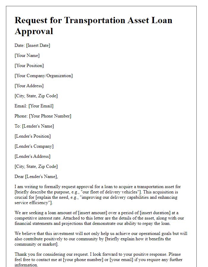 Letter template of request for transportation asset loan approval