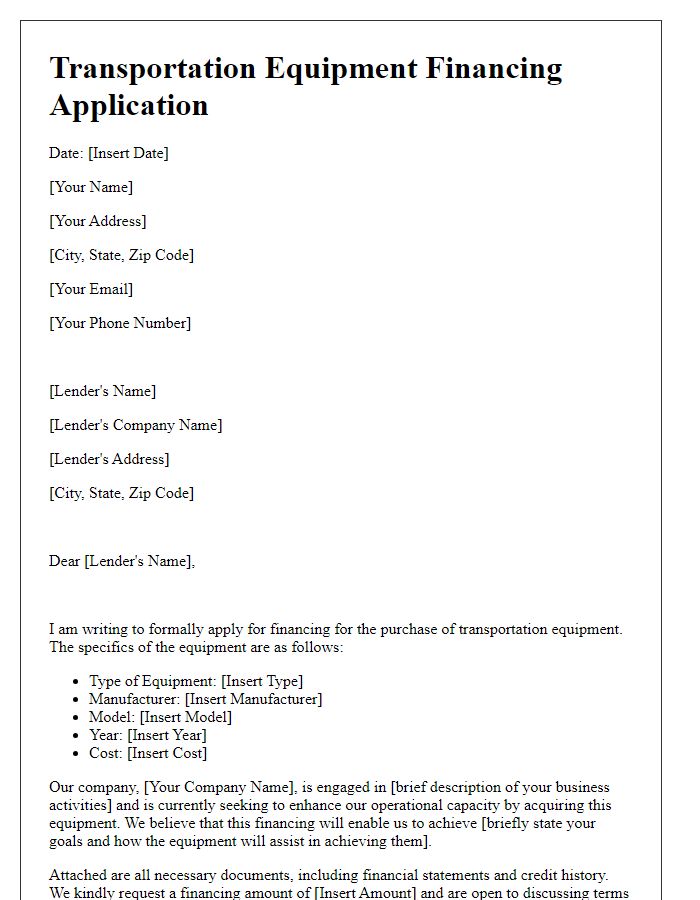 Letter template of transportation equipment financing application