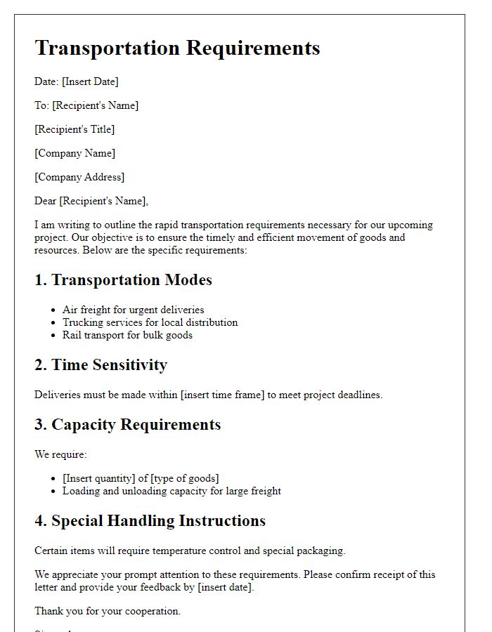 Letter template of rapid transportation requirements