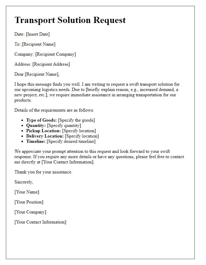 Letter template of swift transport solution request