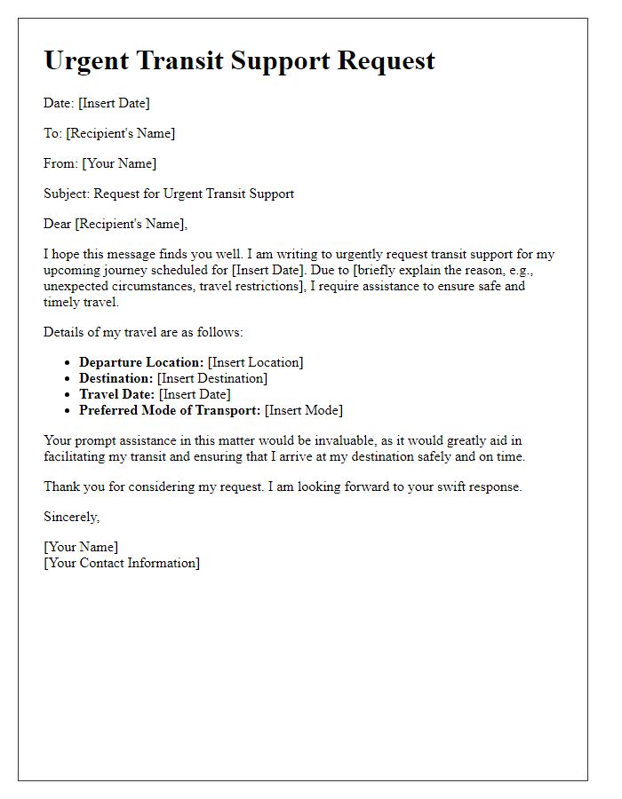 Letter template of urgent transit support request