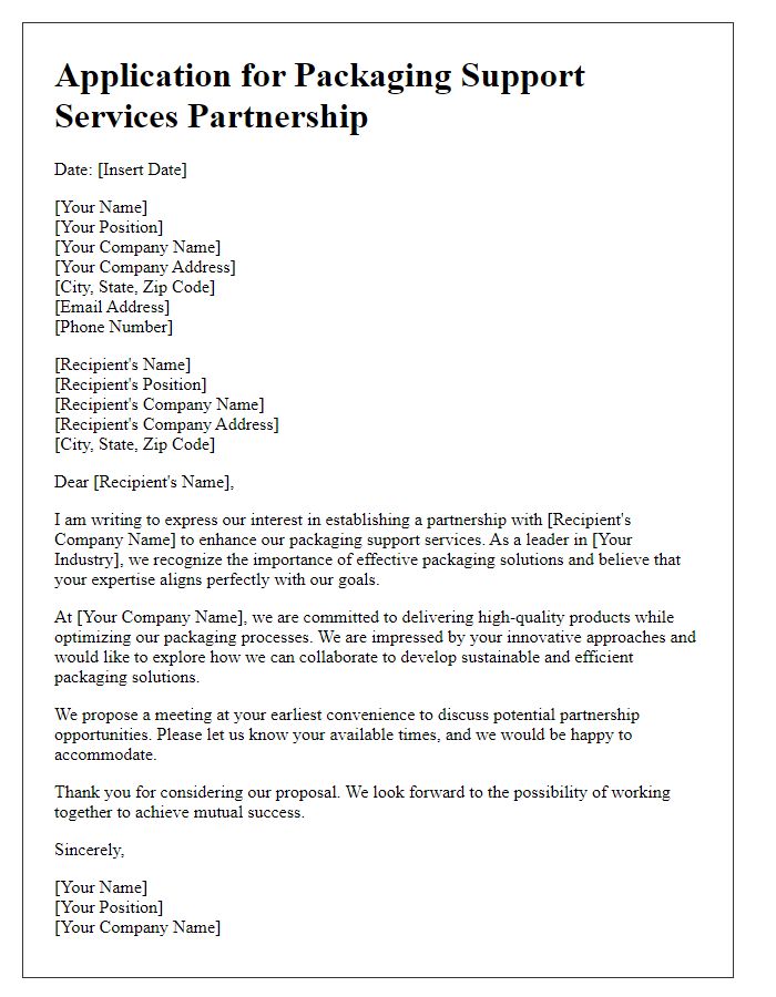 Letter template of application for packaging support services partnership.