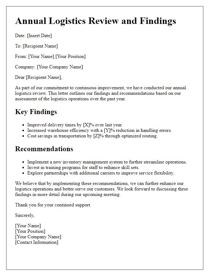 Letter template of annual logistics review and findings