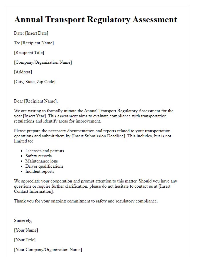 Letter template of annual transport regulatory assessment