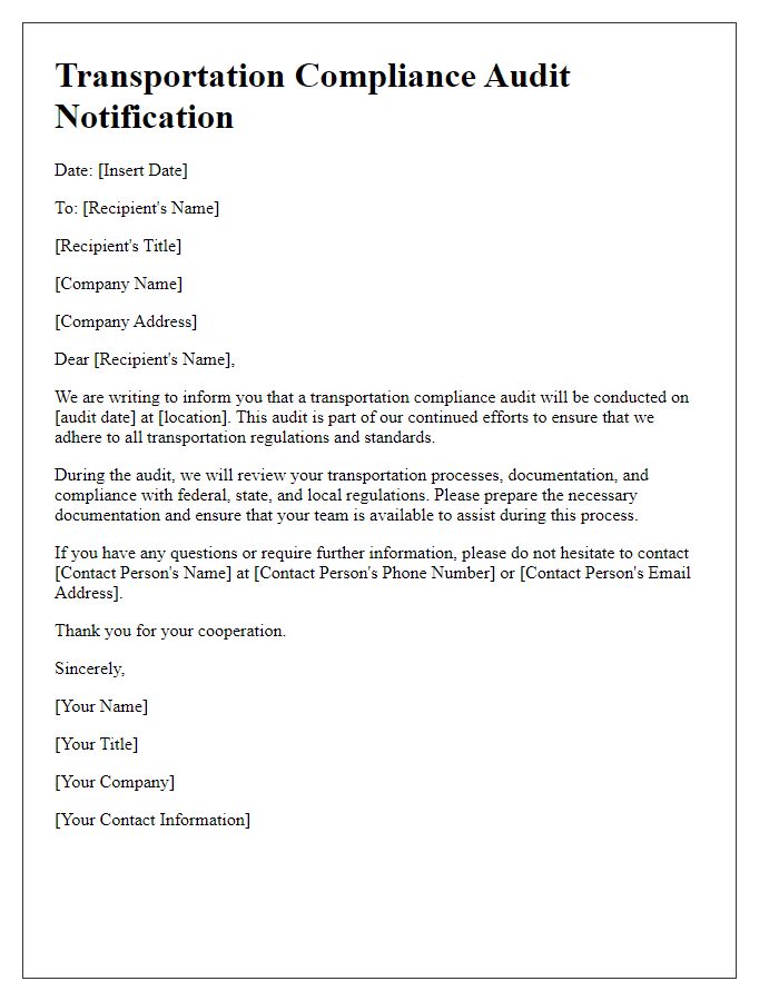 Letter template of transportation compliance audit notification