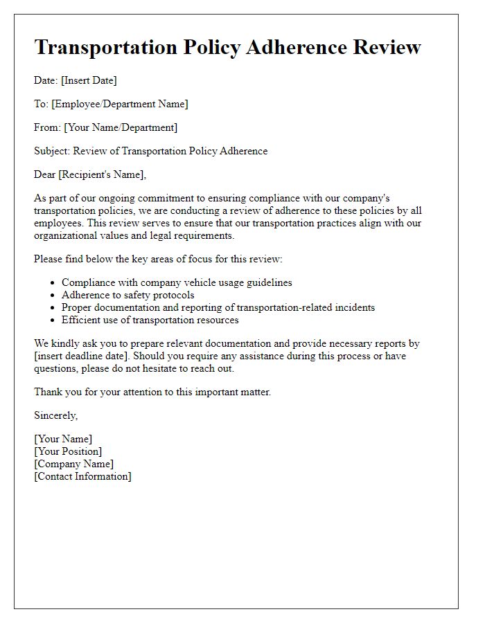 Letter template of transportation policy adherence review