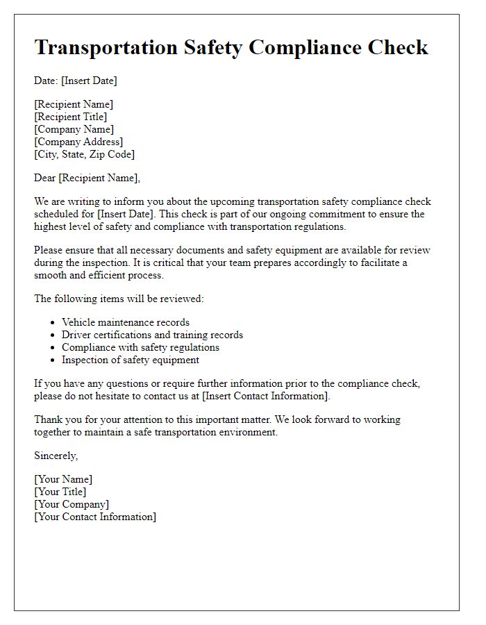 Letter template of transportation safety compliance check