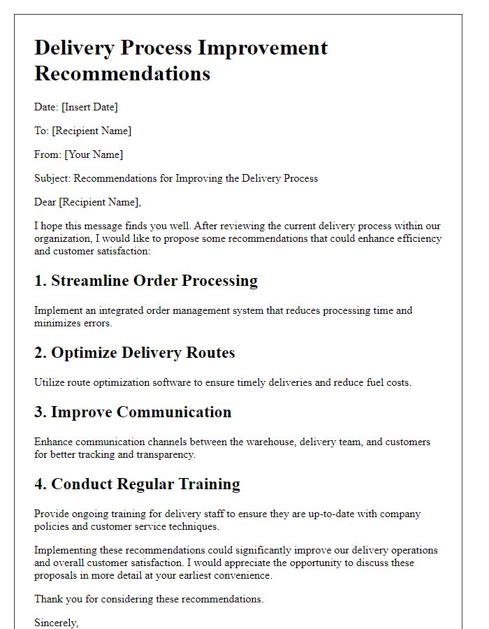 Letter template of delivery process improvement recommendations