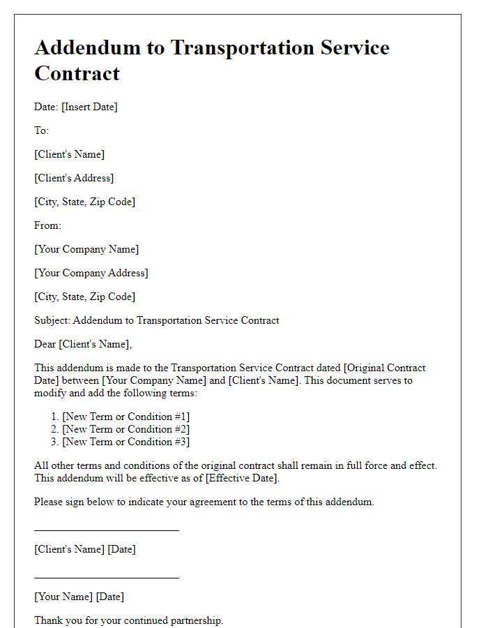 Letter template of addendum for transportation service contract