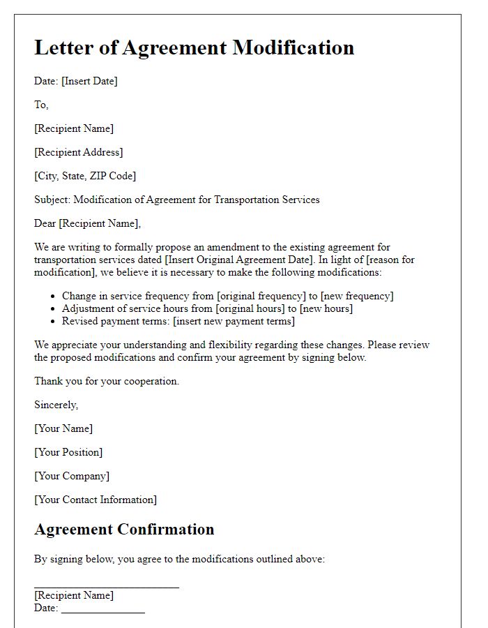 Letter template of agreement modification for transportation services