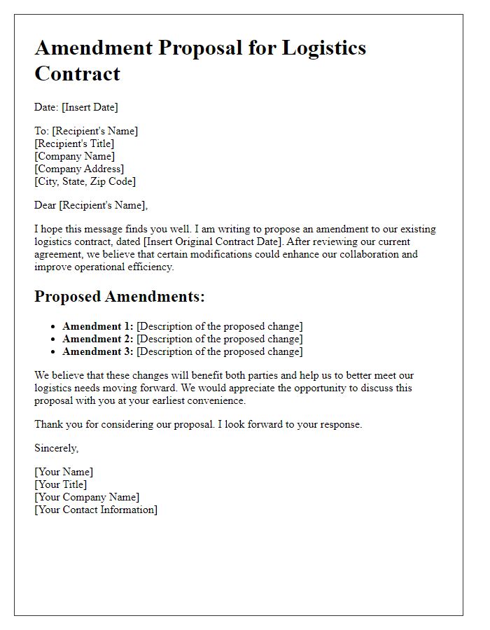 Letter template of amendment proposal for logistics contract