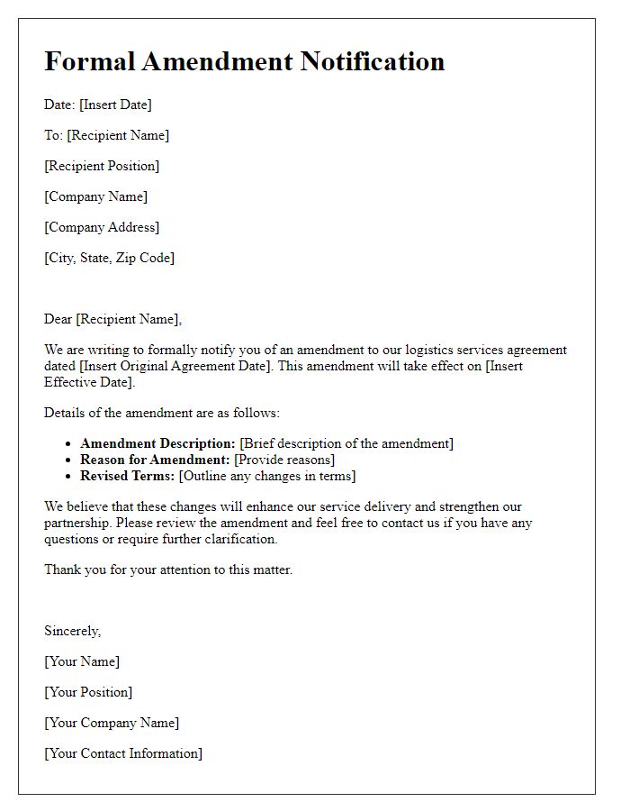 Letter template of formal amendment notification for logistics services