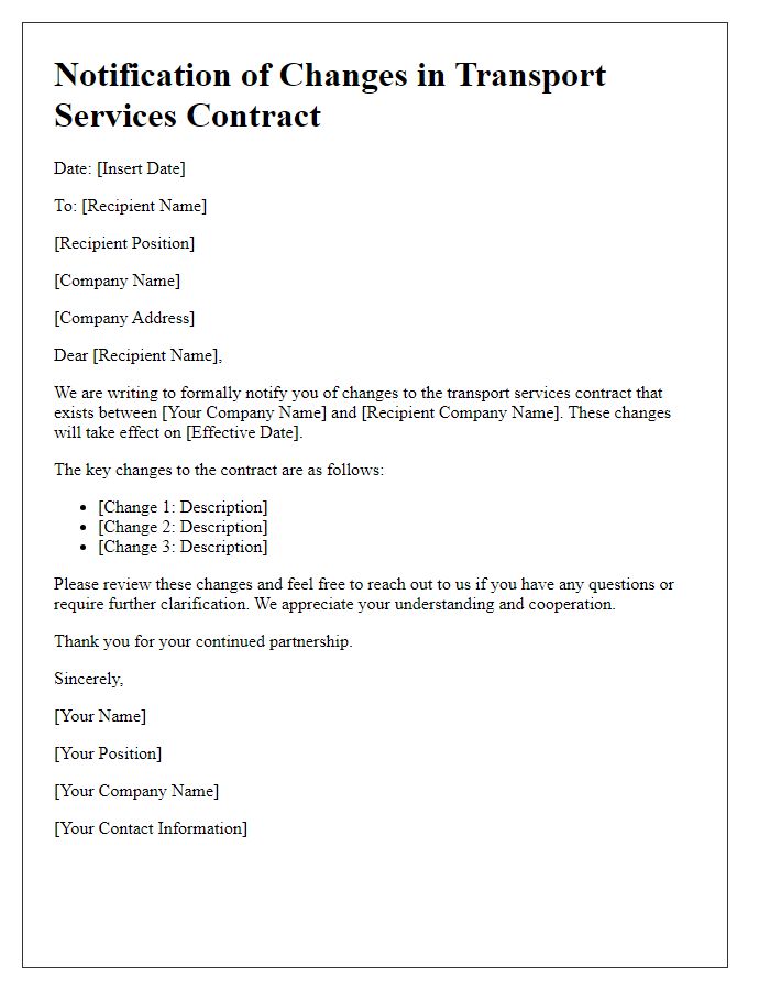 Letter template of notification for changes in transport services contract