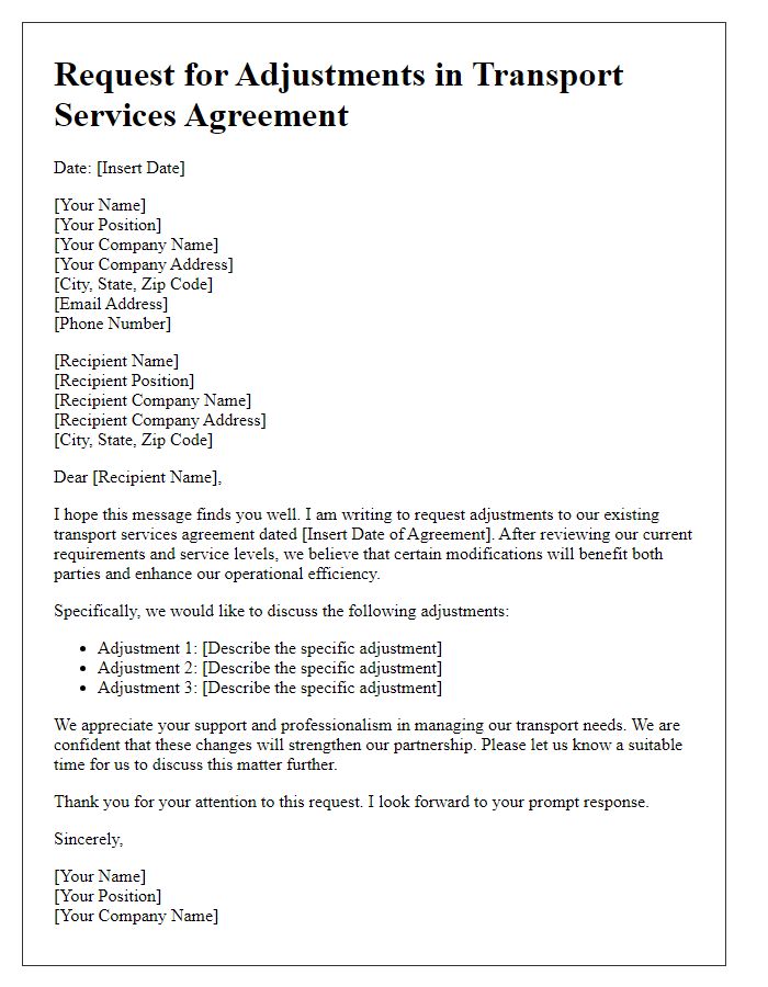 Letter template of request for adjustments in transport services agreement