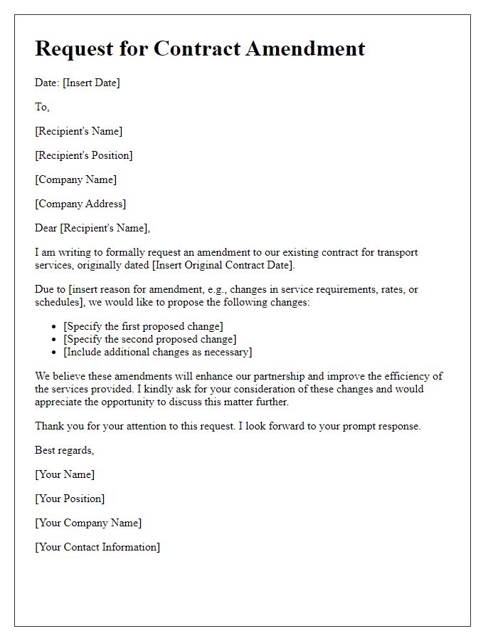 Letter template of request for contract amendment for transport services