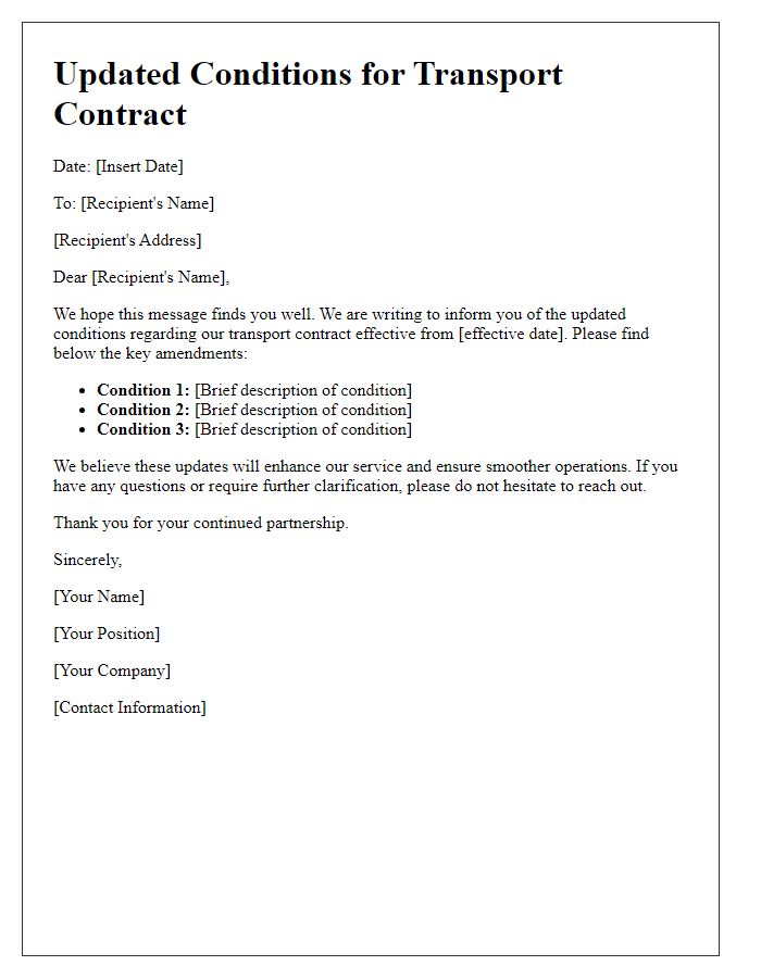 Letter template of updated conditions for transport contract