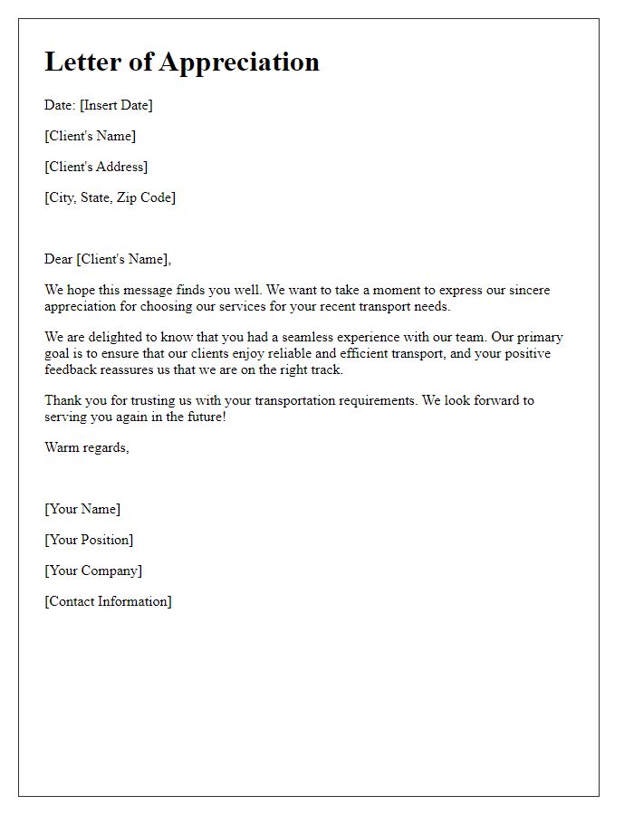 Letter template of appreciation for seamless client transport experience