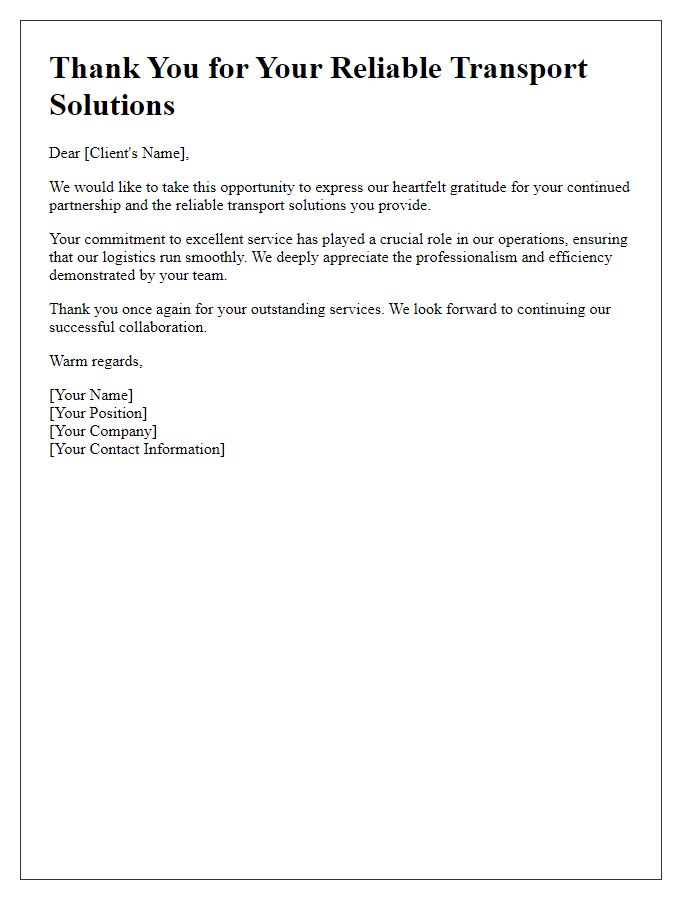 Letter template of thanks for reliable client transport solutions