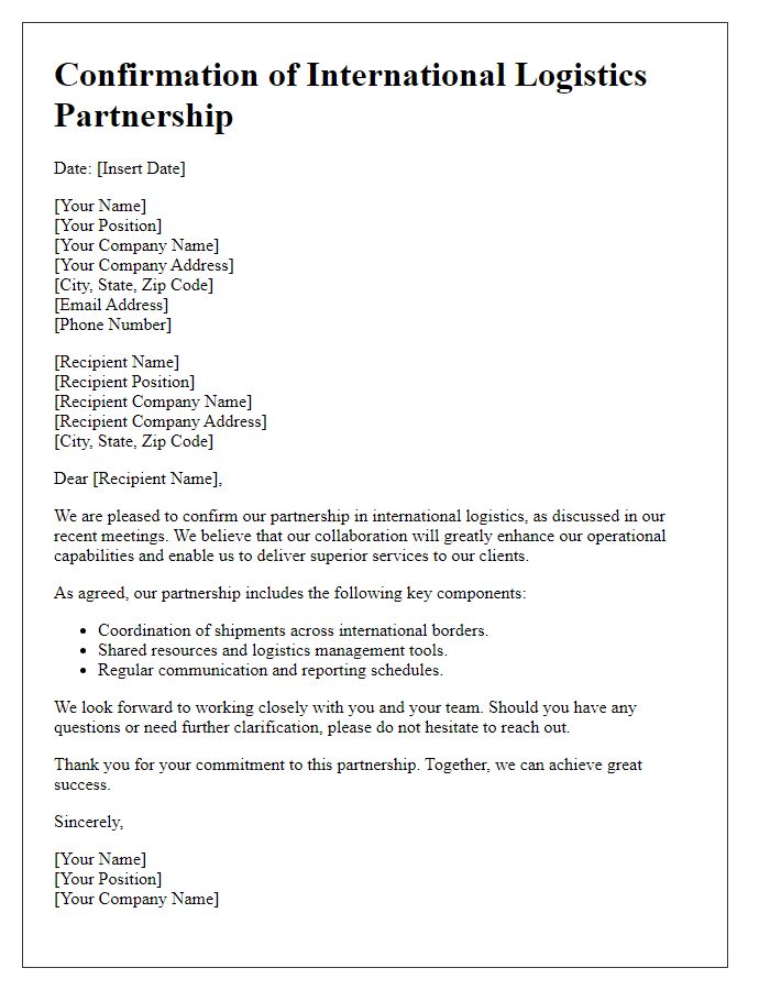 Letter template of confirmation for international logistics partnership