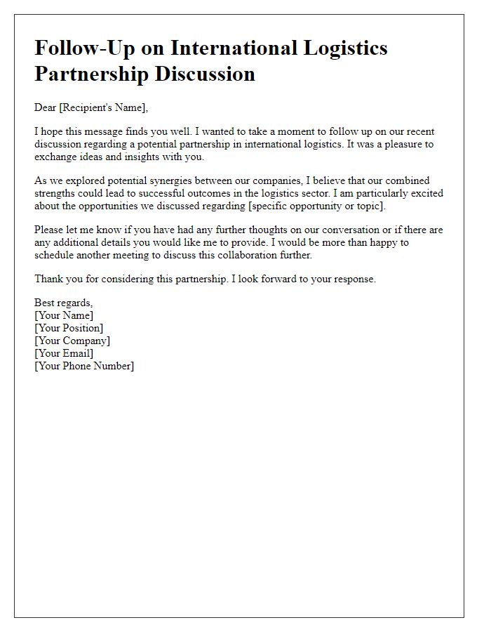 Letter template of follow-up for international logistics partnership discussion