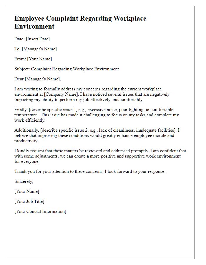 Letter template of employee complaint regarding workplace environment