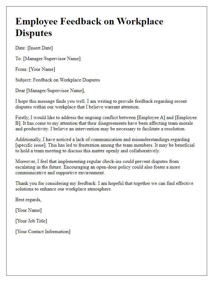 Letter template of employee feedback on workplace disputes