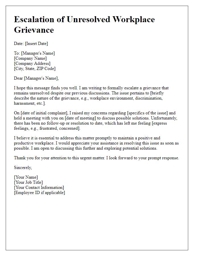 Letter template of escalation for unresolved workplace grievances