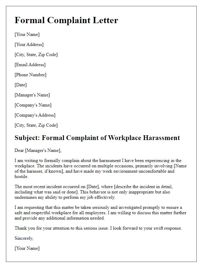 Letter template of formal complaint about workplace harassment