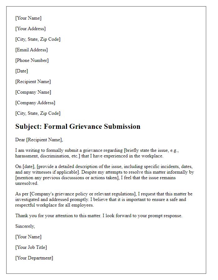 Letter template of formal grievance submission for workplace issues