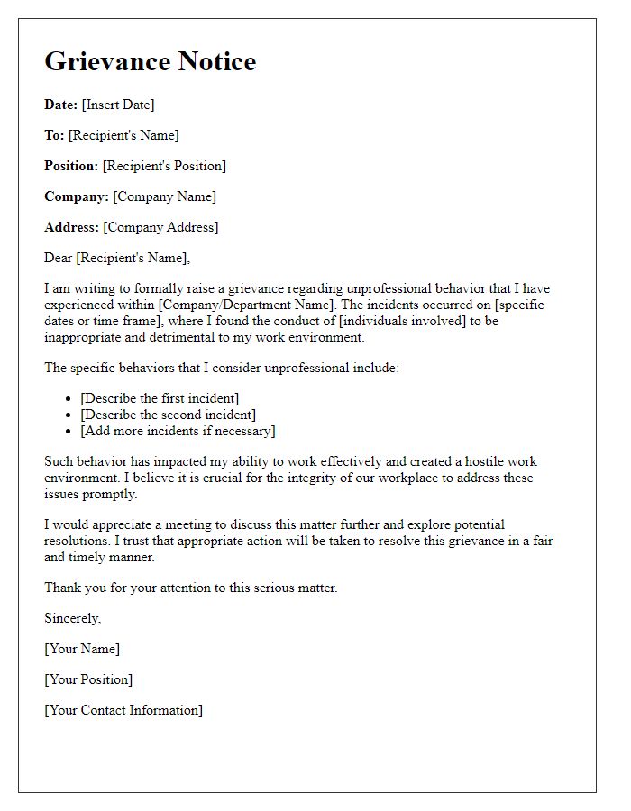 Letter template of grievance notice for unprofessional behavior