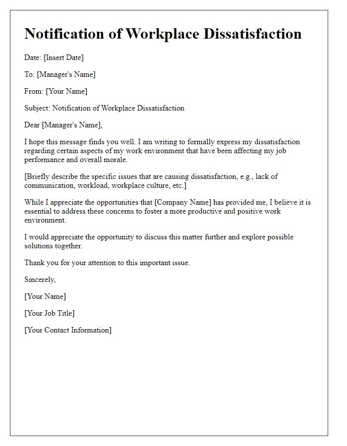 Letter template of notification of workplace dissatisfaction