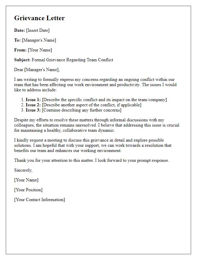 Letter template of structured grievance letter for team conflicts