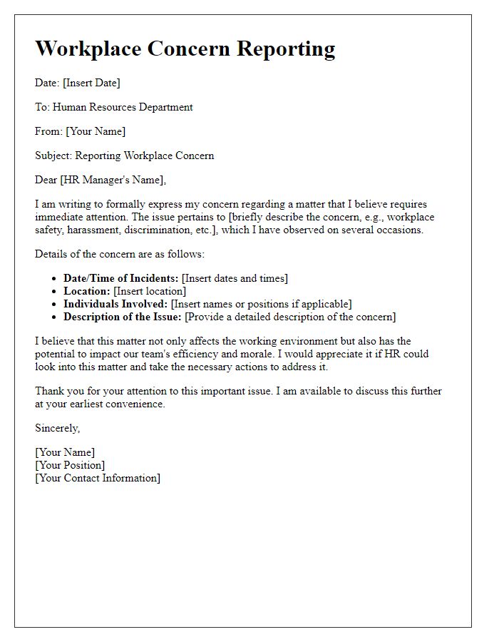 Letter template of workplace concern reporting for HR consideration