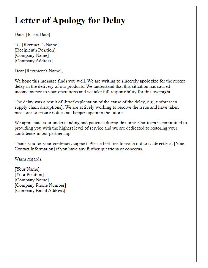 Letter template of Supplier Delay Apology for Manufacturing Partners